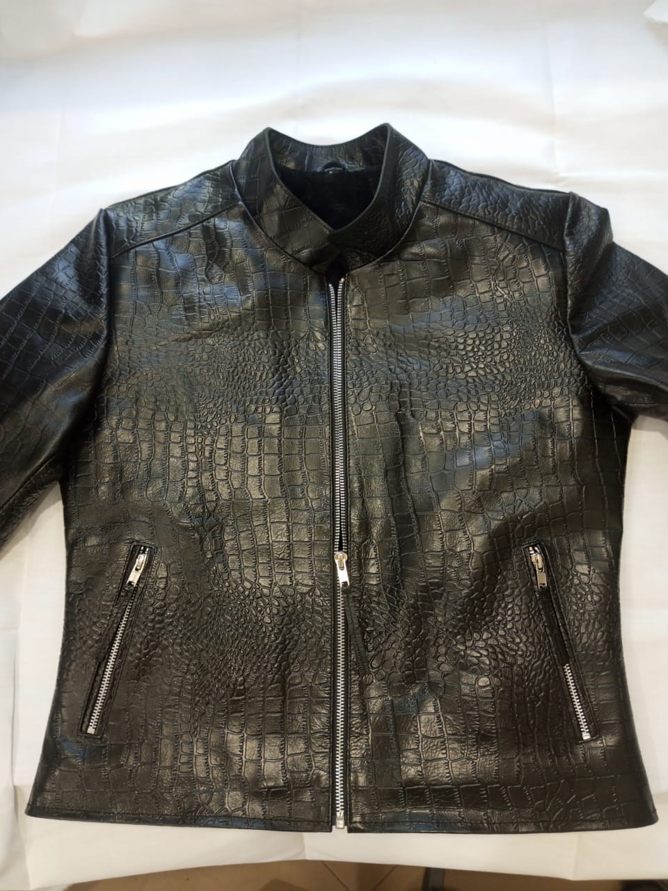Men’s Black Crocodile-Pattern Leather Jacket